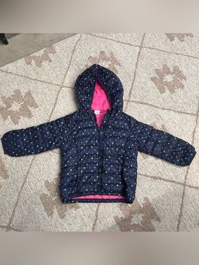 GAP Kids Navy Polka Dot Hooded Puffer Jacket with Pink Lining 3T